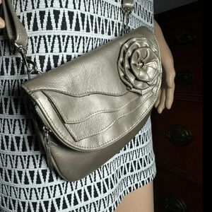 NICOLE MILLER Garden Rose Crossbody Bag Silver Vegan Leather